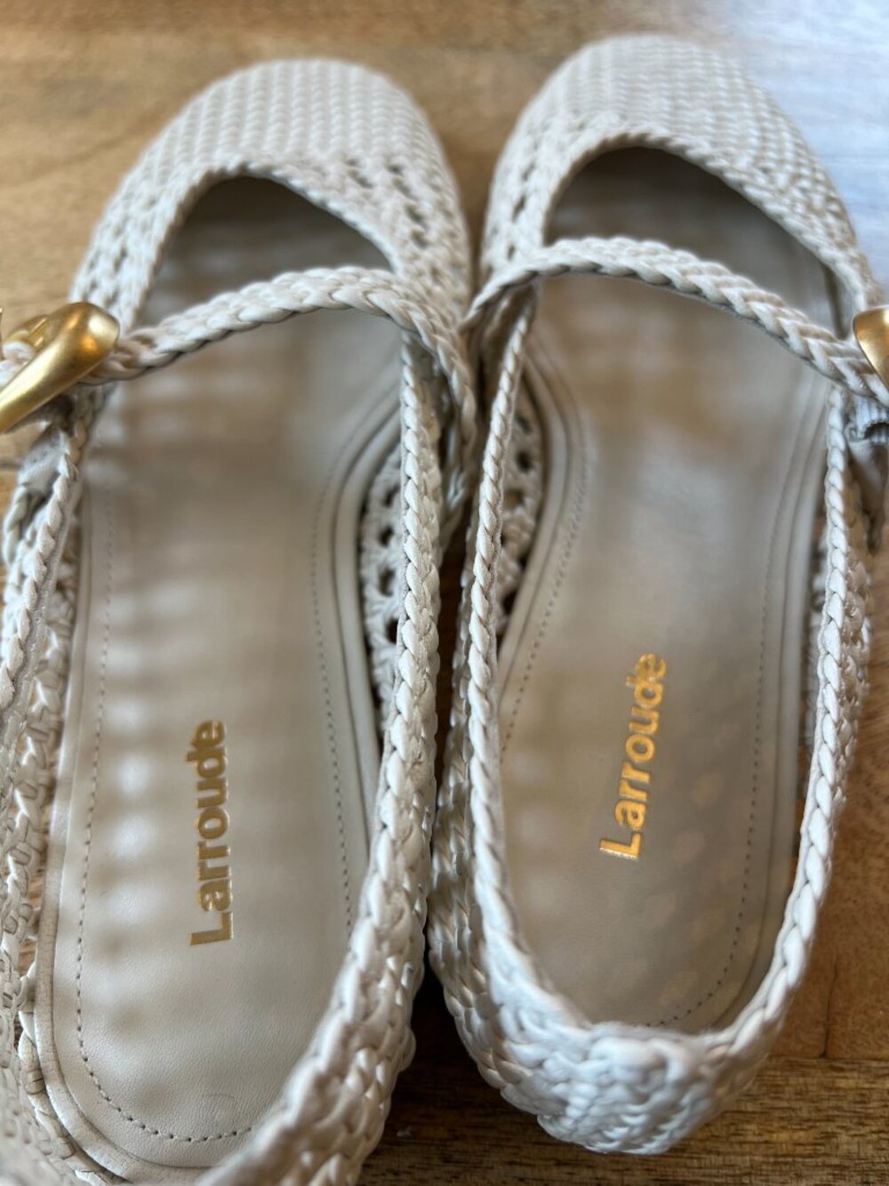 Larroude Cream Woven Mary Jane Flats with Gold Buckles - Picture 9 of 10